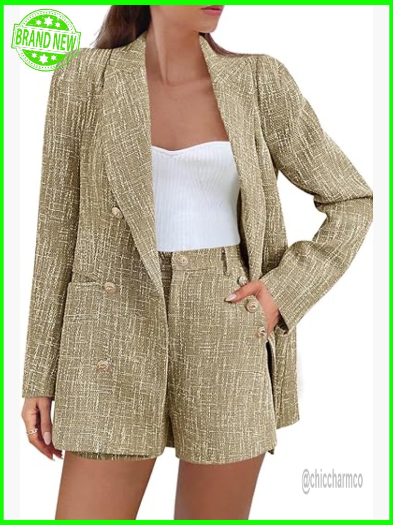 2 Piece Tweed Blazer And Shorts Set Double Breasted Suit Jacket Business Outfit